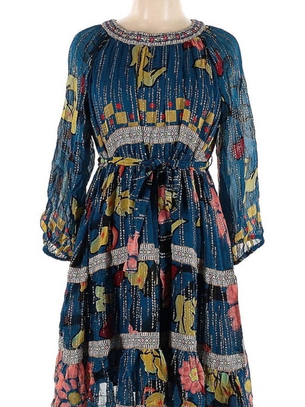 Teal Floral Tiered Viscose Midi Dress with Long Sleeves, Made in India